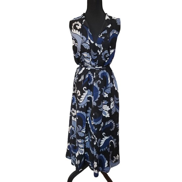 ANN TAYLOR Blue Abstract Paisley Midi Dress Sleeveless V-Neck Size 12 - Picture 2 of 3